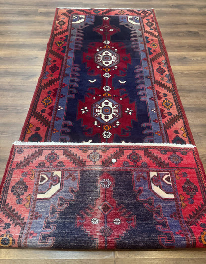 Persian Karajeh Runner Rug 3.6 x 9.5, Geometric Medallions, Tribal Village Rug, Navy Blue, Handmade - Nuvé