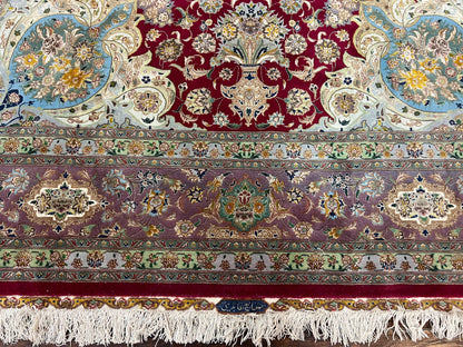 Stunning Persian Tabriz Rug 5x7, Signed by Masterweaver, Maroon, Floral Medallion, Ultra Fine 70 Raj 625 KPSI, Kork Wool Silk Foundation, Handmade - Nuvé