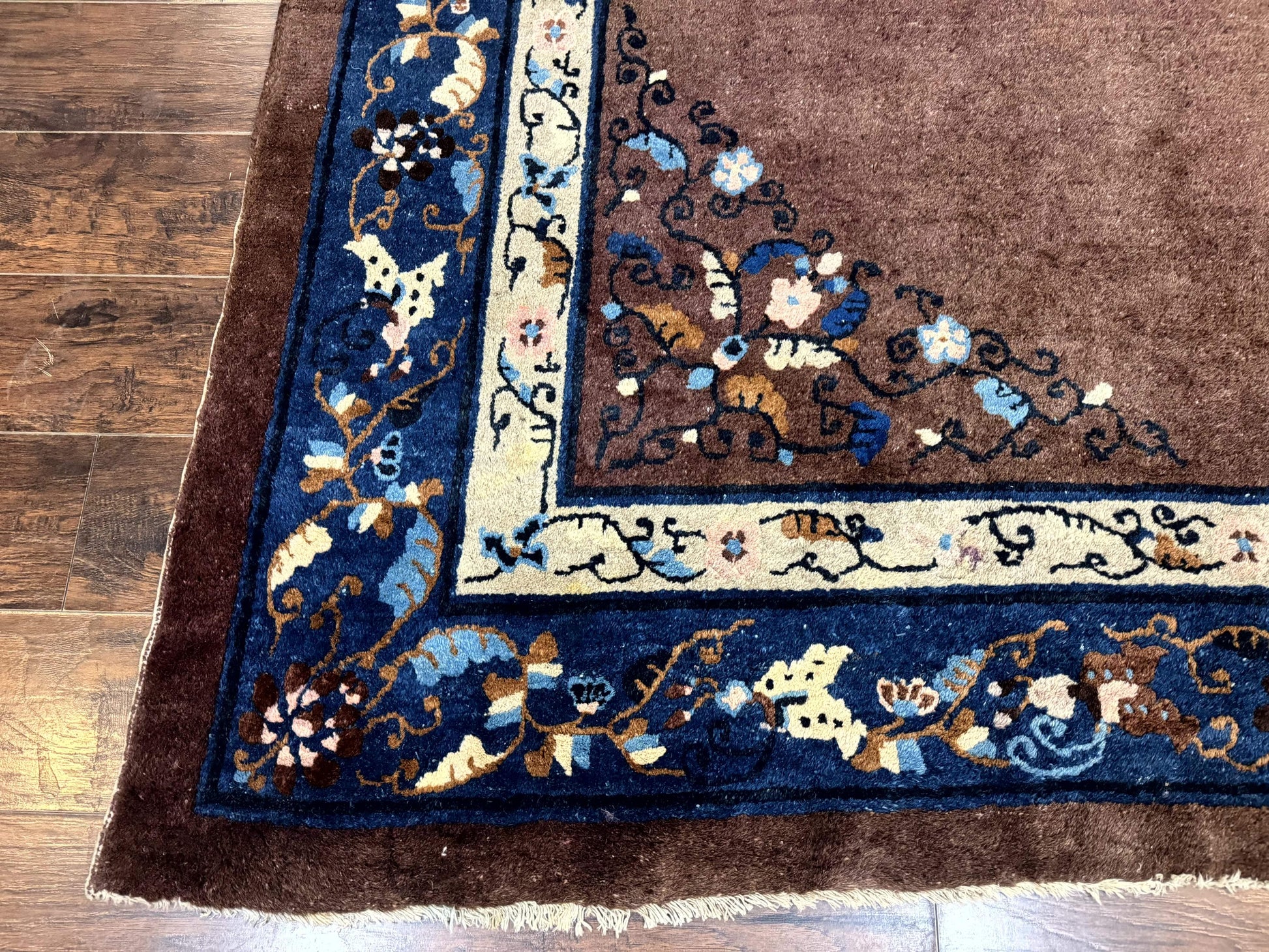 Antique Chinese Wool Rug 9x11, Large Chinese Art Deco Rug, Peking Rug, Brown and Blue, Open Field, Fete Rug - Nuvé
