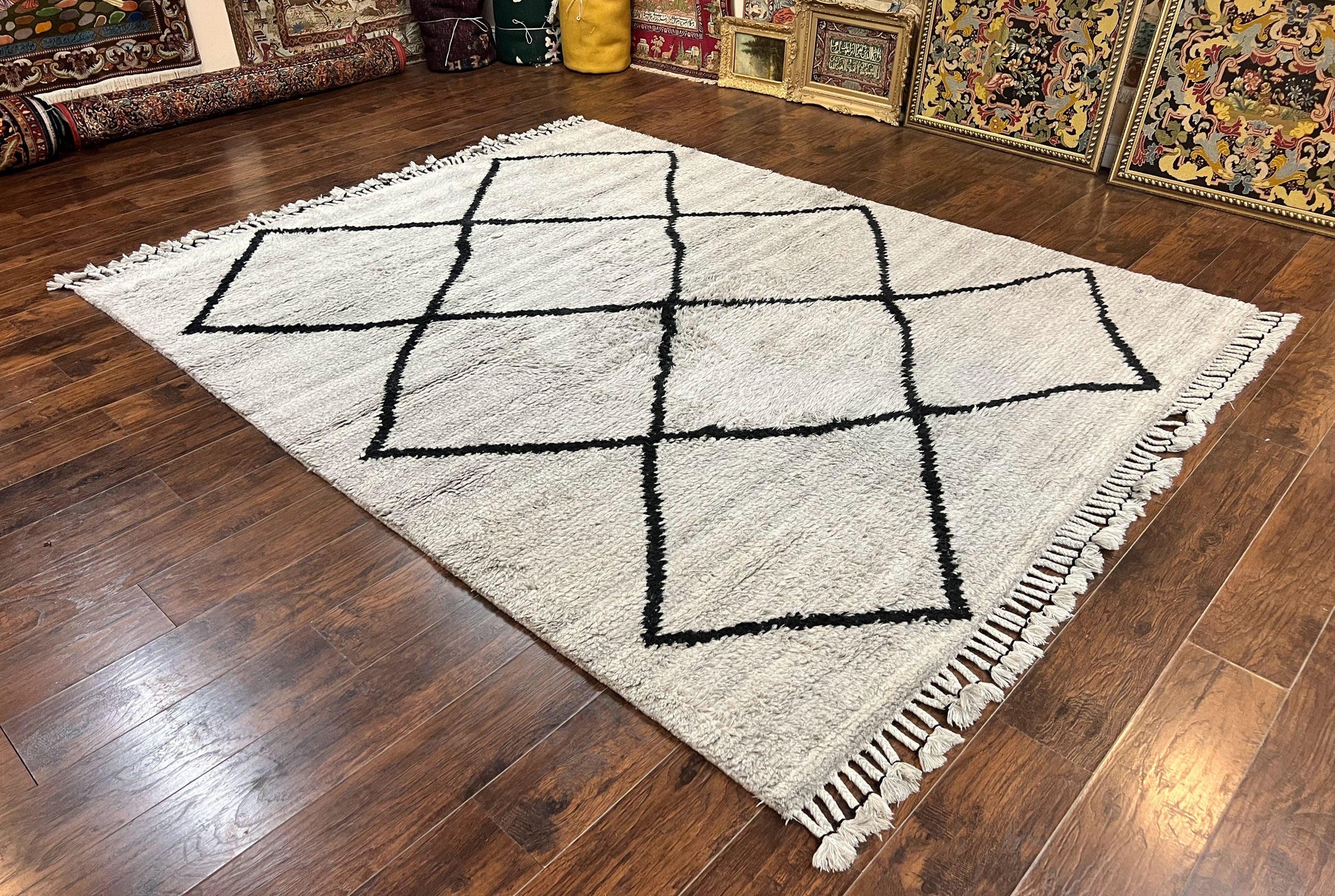 Modern Shag Rug 8x10, Gray and Black, Wool and Cotton, Lulu and Georgia, Handmade Indian Shag Rug - Nuvé