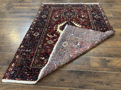 Persian Karajeh Rug 5x6, Antique Heriz Carpet, Geometric, Persian Tribal Rug, Brick Red Navy Blue - Nuvé