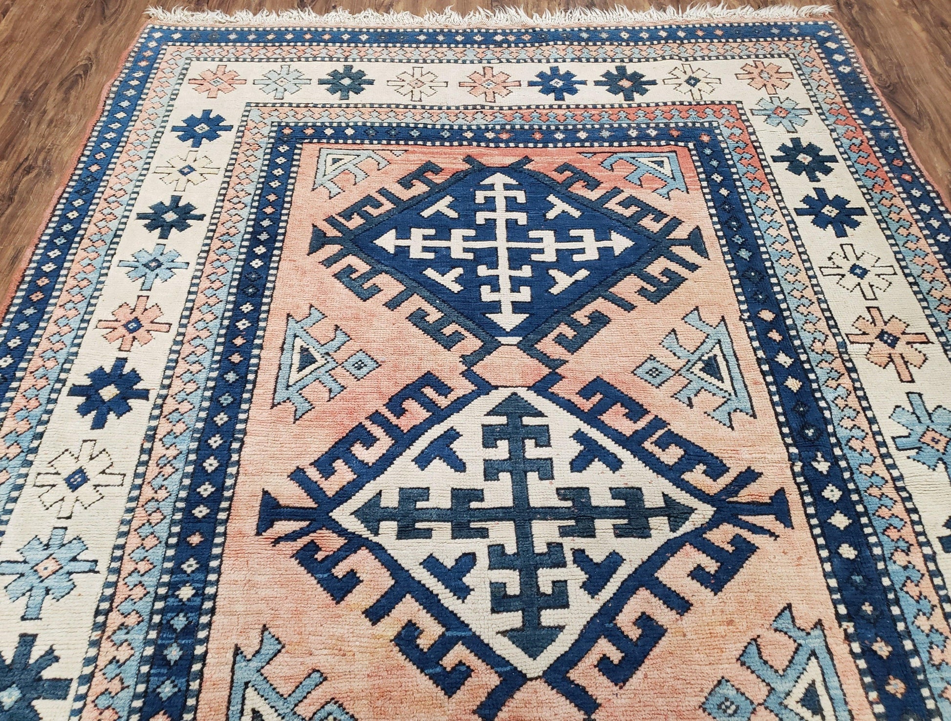Turkish Kazak Rug 5x8 ft, Bold Geometric Bohemian Carpet, Blue and Ivory Hand Knotted Area Rug, Medium Sized High Quality Wool Oriental Rug - Nuvé