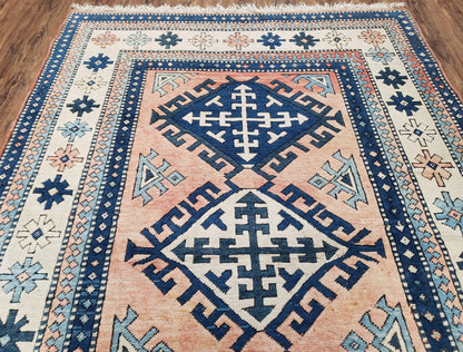 Turkish Kazak Rug 5x8 ft, Bold Geometric Bohemian Carpet, Blue and Ivory Hand Knotted Area Rug, Medium Sized High Quality Wool Oriental Rug - Nuvé