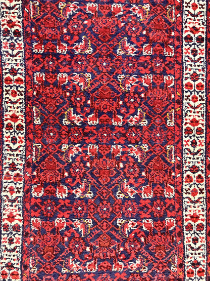 Persian Tribal Runner 3 x 9, Hamadan Dargazin Rug, Dark Blue and Red Wool Hand Knotted Hallway Rug, Vintage Antique Oriental Runner, 9ft Long Runner, Herati - Nuvé