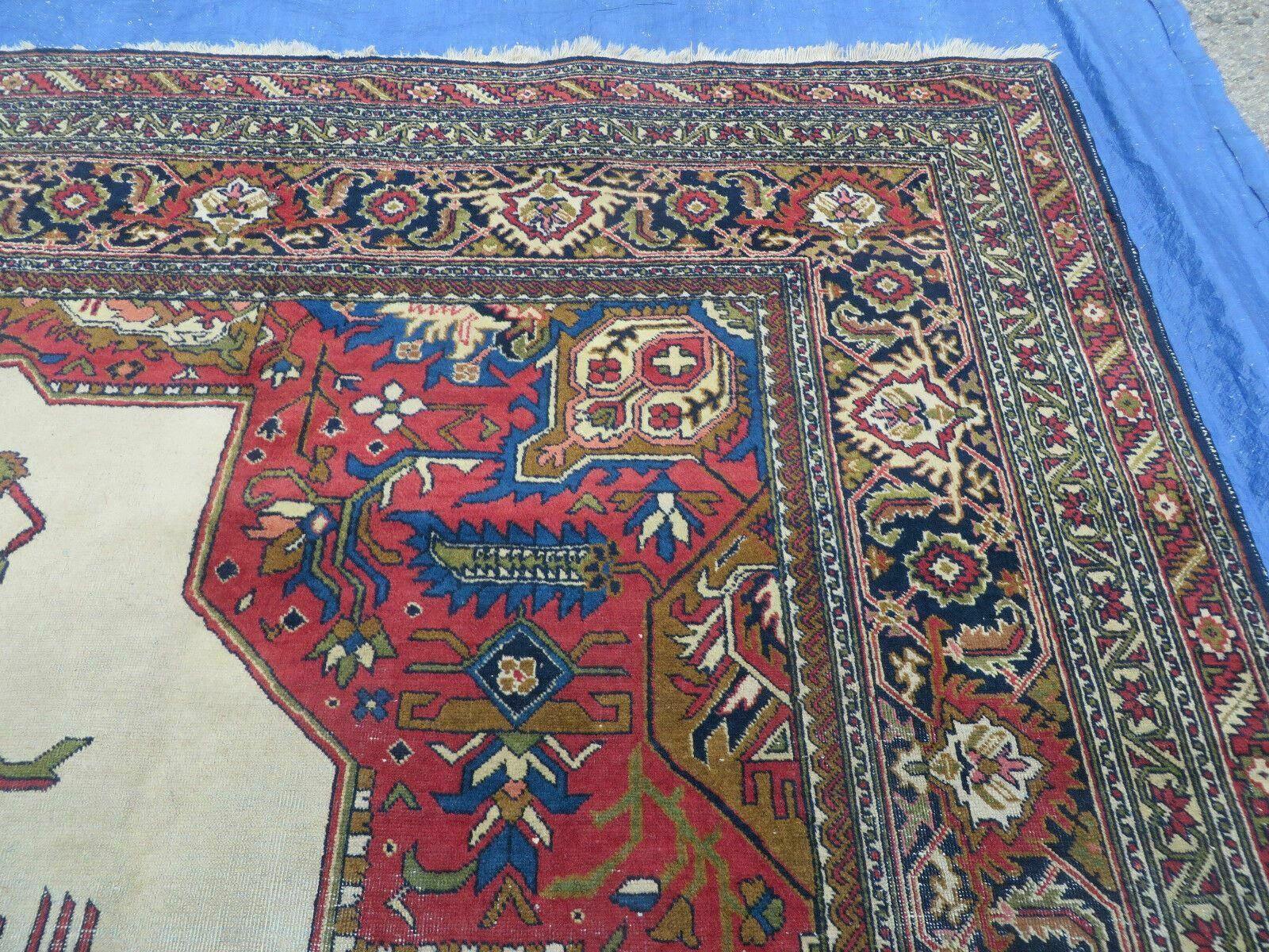 Persian Tabriz Rug 10x13 Oriental Carpet, Ivory Open Field, Geometric Medallion, Red Blue, Hand Knotted, Large Wool Area Rug Vintage Antique 1950s - Nuvé