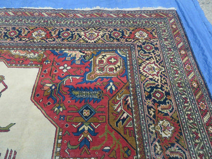 Persian Tabriz Rug 10x13 Oriental Carpet, Ivory Open Field, Geometric Medallion, Red Blue, Hand Knotted, Large Wool Area Rug Vintage Antique 1950s - Nuvé
