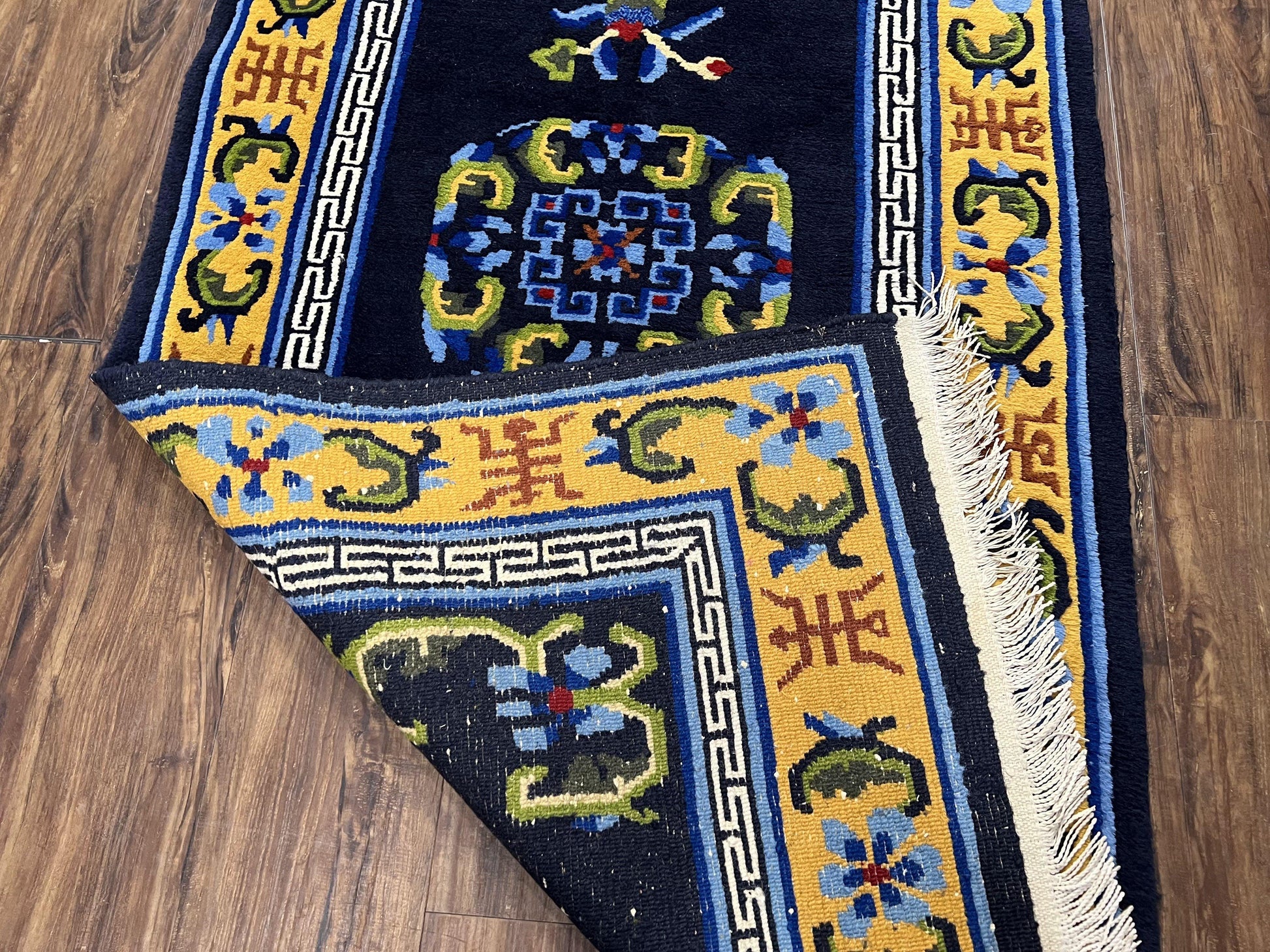 Chinese Art Deco Rug 3 x 5.9, Handmade Chinese Peking Carpet, Dark Blue and Gold, Medallion, Asian Oriental 3x6 Hand Knotted Vintage Rug - Nuvé