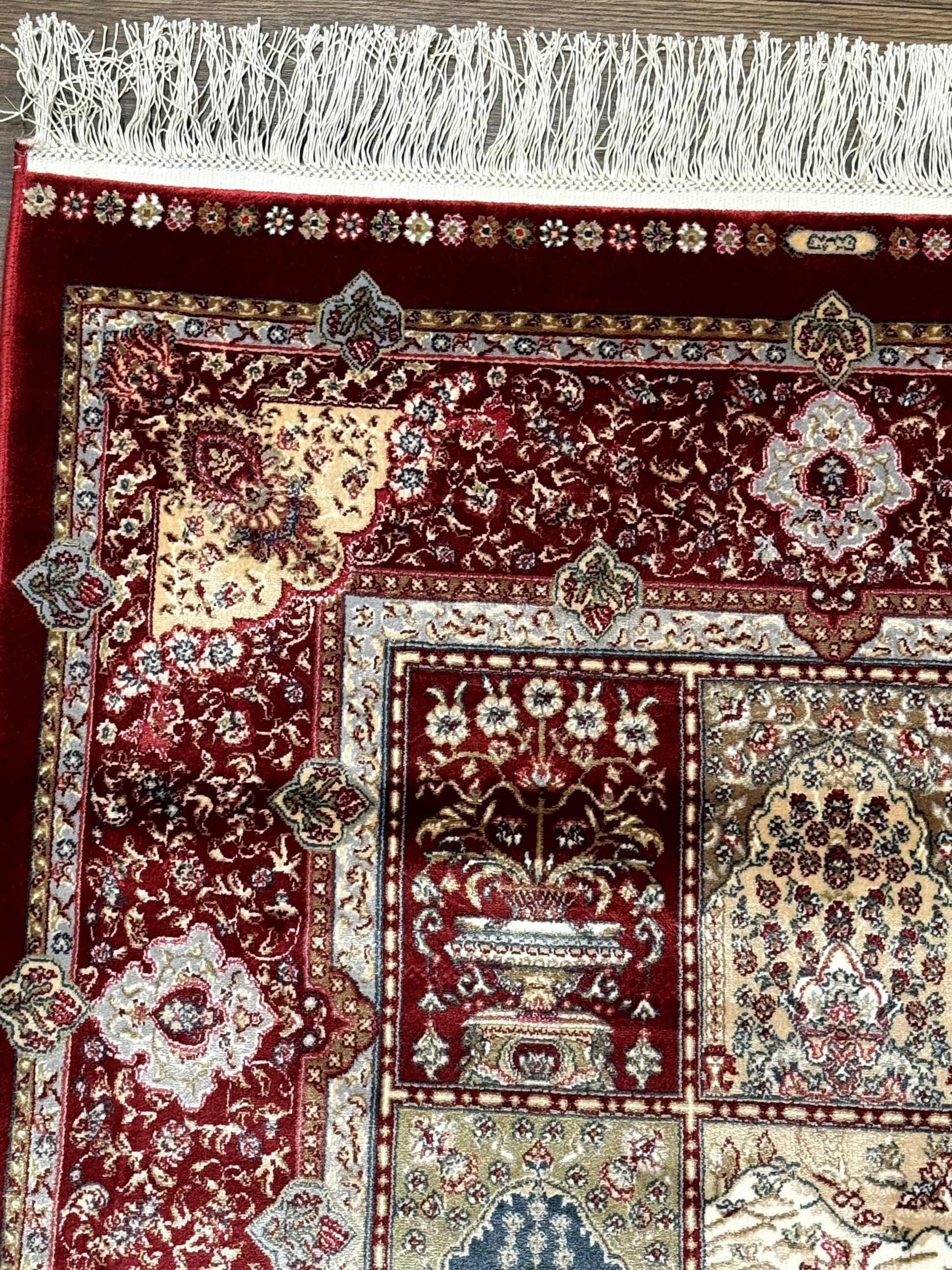 Turkish Silk Runner Rug 2.6 x 11.6, Panel Design, Dark Red Ivory, Bamboo Silk, New - Nuvé