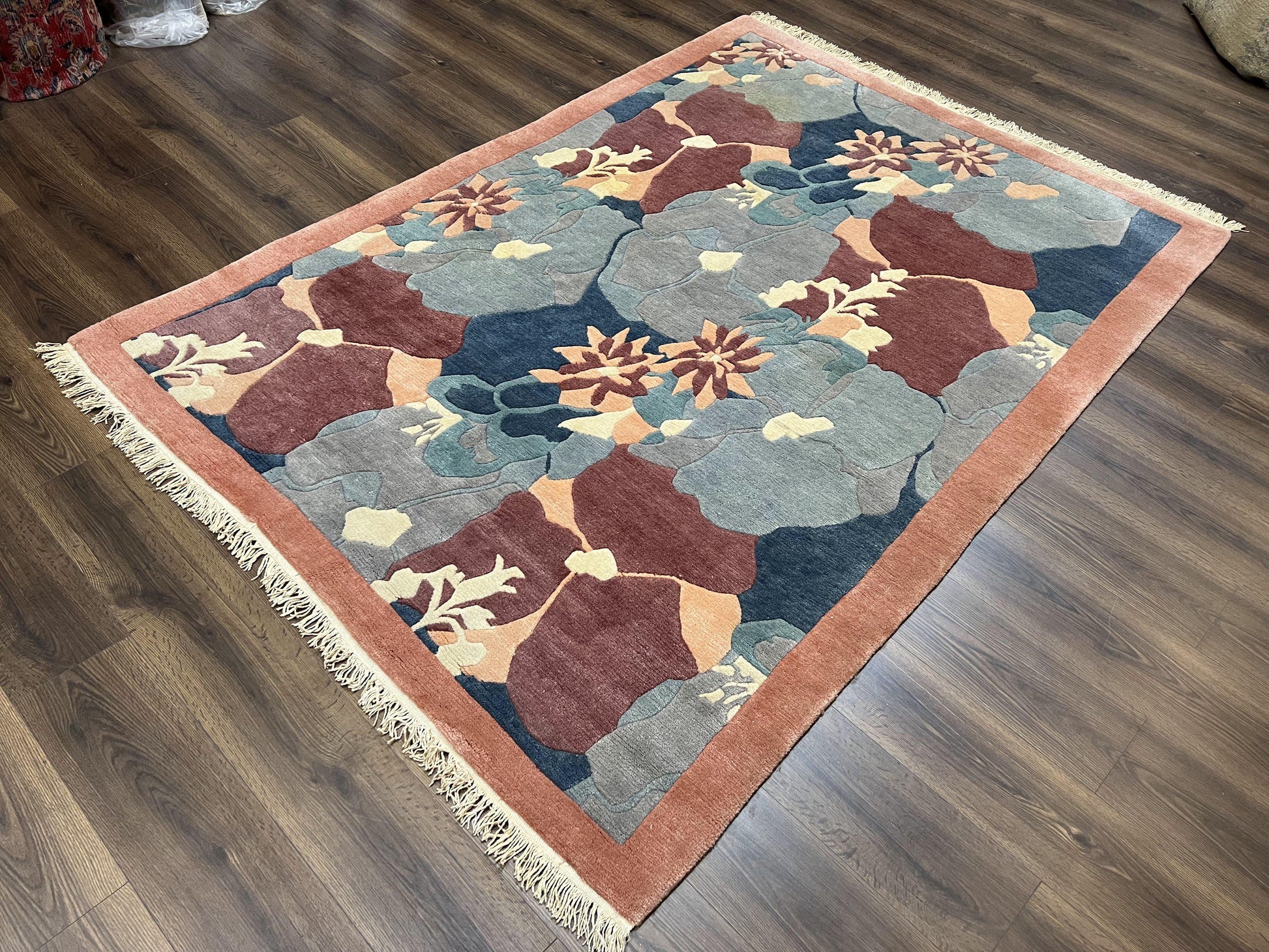 Modern Tibetan Rug 5.7 x 7.9, Abstract Multicolor Flower Pattern, Navy Blue Maroon Salmon, Soft Wool, Hand Knotted Contemporary Carpet 6x8 - Nuvé