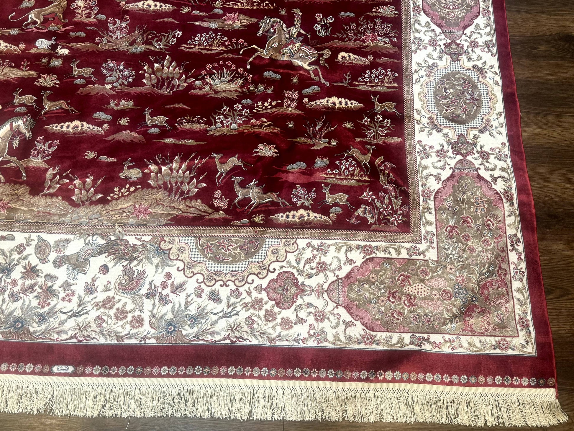 Turkish Silk Rug 8x10, Red & Ivory, Hunting Design, Bamboo Silk, New - Nuvé
