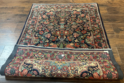 Antique Persian Rug 4x5, Navy Blue 1920s Carpet, Wool, Rare, Fine, Persian Hamadan Bidjar Carpet - Nuvé