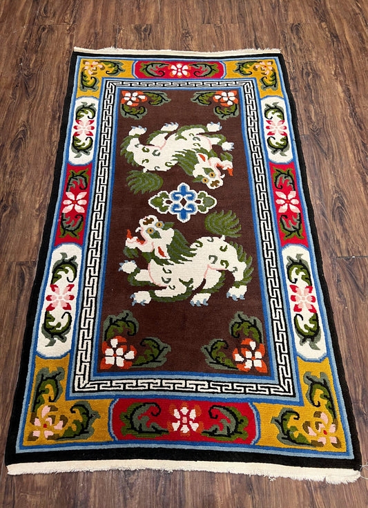 Chinese Peking Rug 3x5 with Animal Pictorial, Brown Ivory Gold Red, Handmade Vintage Chinese Carpet, Art Deco Rug, Unique Asian Oriental Rug - Nuvé