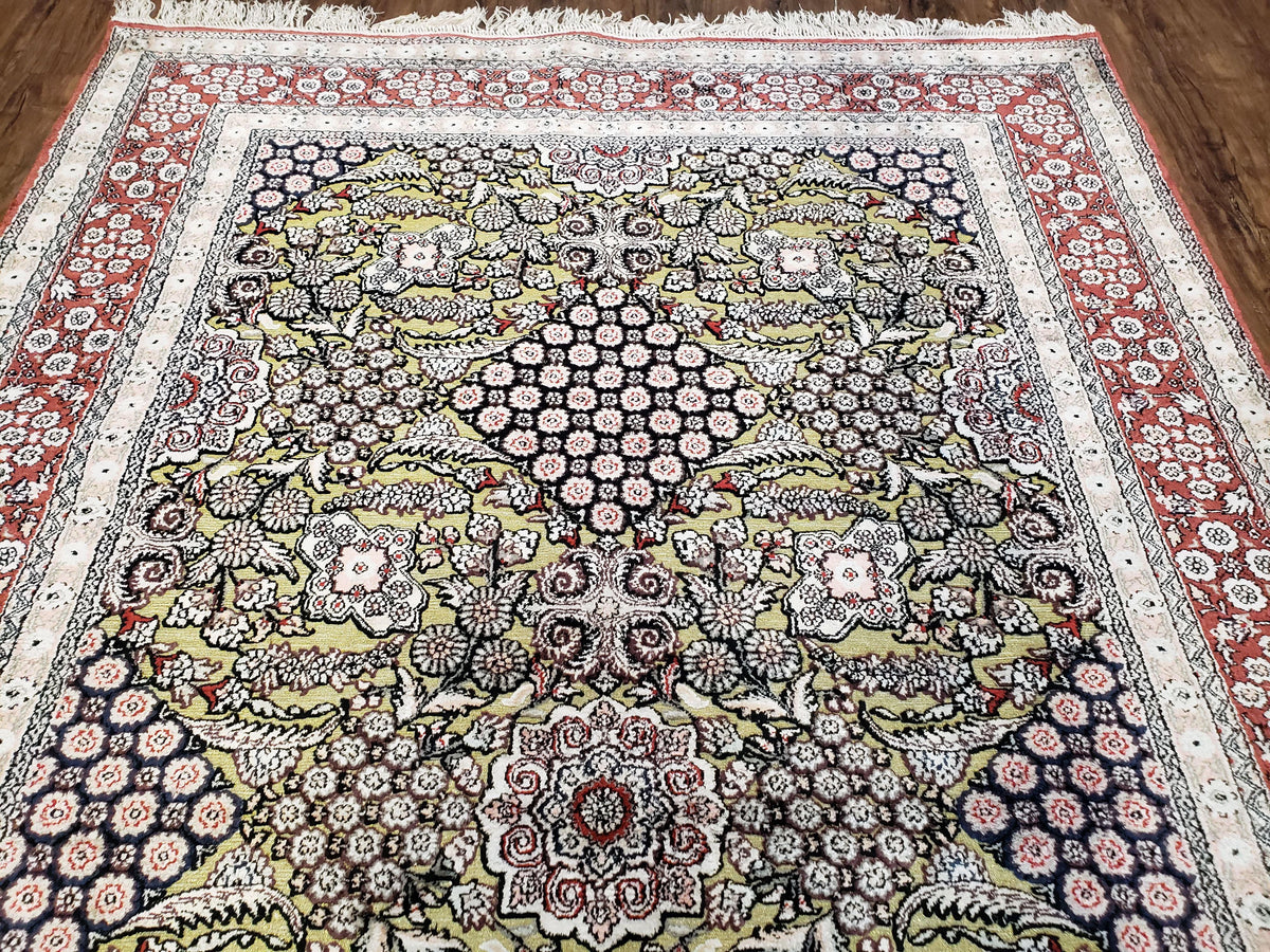 5x8 Indian Kashmiri Silk Rug with Gold Threads