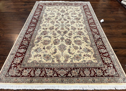 Pak Persian Rug 6x9, Floral Allover Carpet 6 x 9 ft, Cream and Maroon Hand Knotted Wool and Silk Fine Oriental Rug, Traditional Vintage Rug - Nuvé