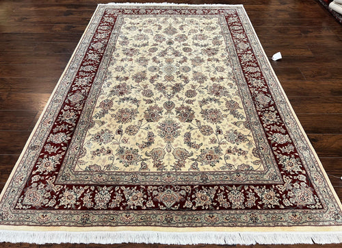 Pak Persian Rug 6x9, Floral Allover Carpet 6 x 9 ft, Cream and Maroon Hand Knotted Wool and Silk Fine Oriental Rug, Traditional Vintage Rug - Nuvé