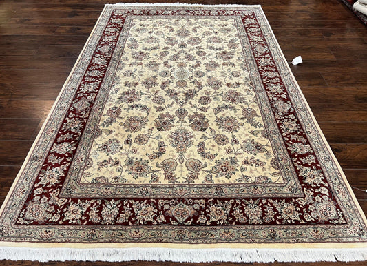 Pak Persian Rug 6x9, Floral Allover Carpet 6 x 9 ft, Cream and Maroon Hand Knotted Wool and Silk Fine Oriental Rug, Traditional Vintage Rug - Nuvé