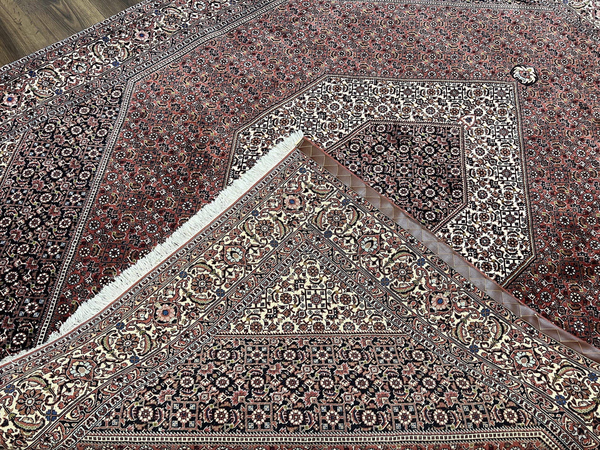 Wonderful Persian Bidjar Rug 7x8 ft, Almost Square Oriental Carpet, Herati Mahi, Highly Detailed, Ivory Red Navy Blue, Very Fine Handmade Bijar Rug - Nuvé