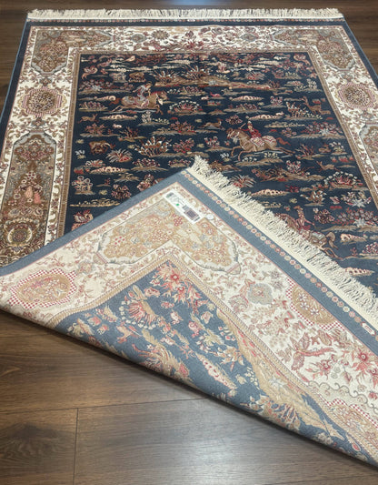 Turkish Silk Rug 5x8, Hunting Design, Animal Pictorials, Steel Blue & Ivory, Bamboo Silk - Nuvé