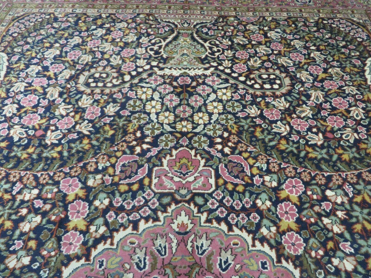 Turkish Sivas Rug 7x11, Navy Blue & Pink, Millifluer Floral Wool Carpet, Vintage - Nuvé