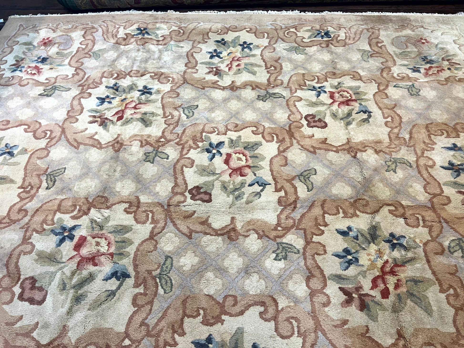 Indo Chinese Aubusson Wool Rug 11x16, Palace Sized Carpet, Oversized Handmade Vintage Rug, European Design - Nuvé