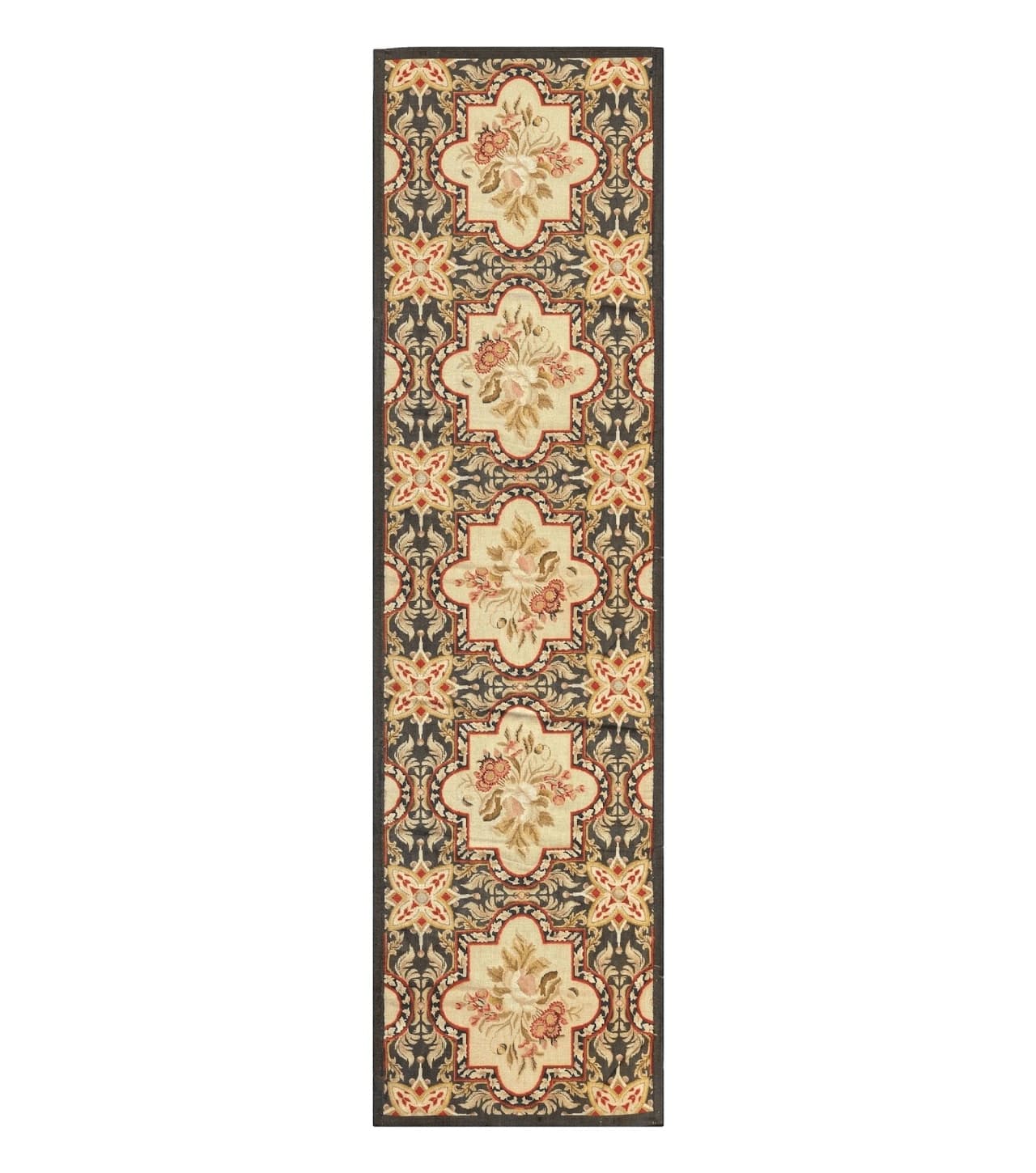 Needlepoint Runner Rug 2.7 x 9.7, European French Design, Wool, Handmade, Vintage