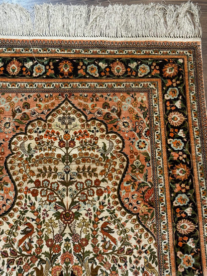 Exceptional Silk Rug 2.6 x 4, Very Fine 630 KPSI, Persian Vase Tree of Life Bird Pictorials, Handmade - Nuvé