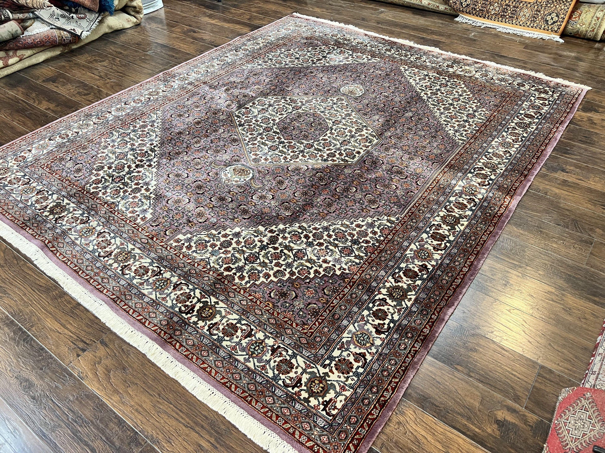 Indo Persian Bidjar Rug 8x10, Purple and Ivory Hand Knotted Wool Vintage Oriental Carpet, Herati Mahi Pattern, 8 x 10 Traditional Fine Rug - Nuvé