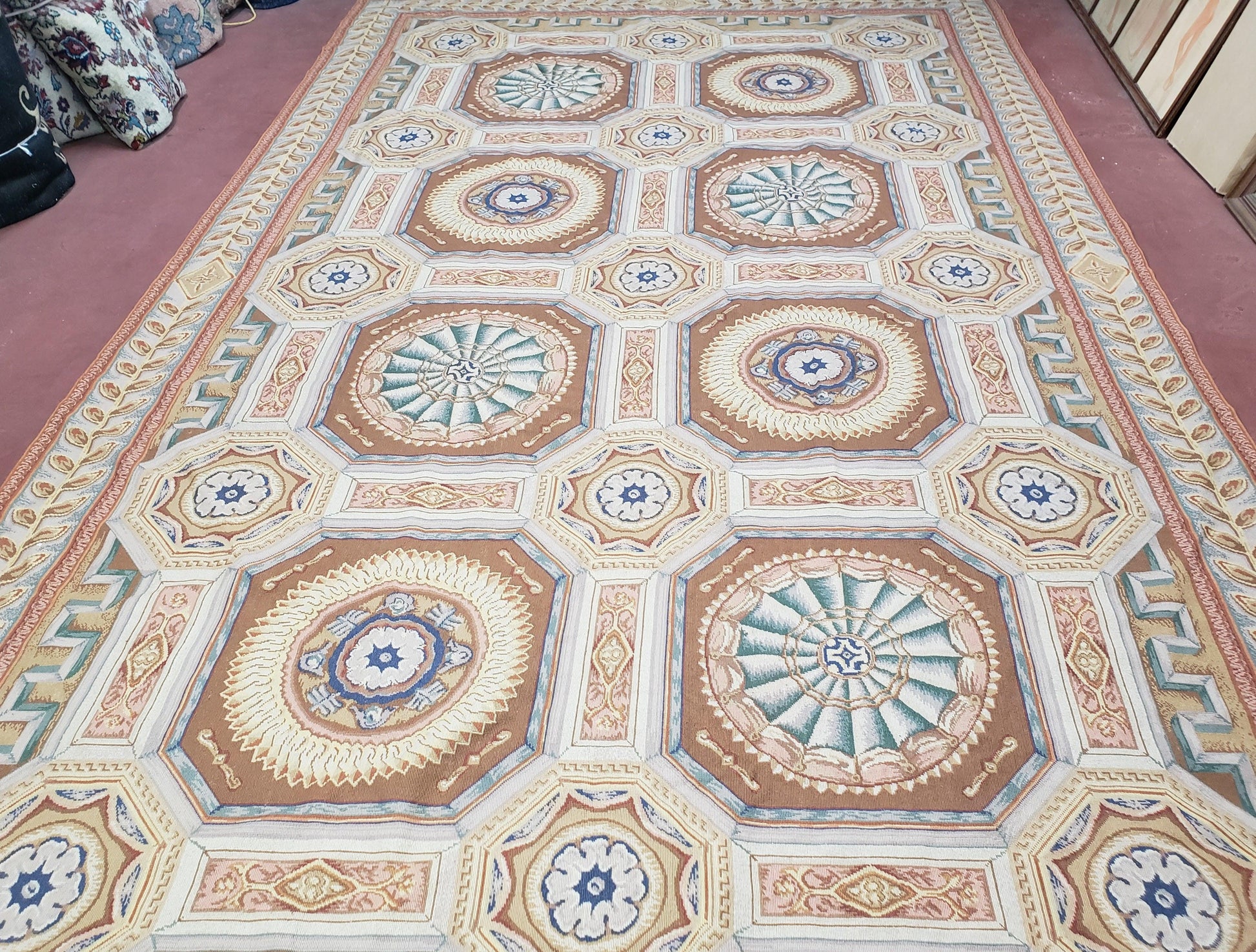 New Chinese Needlepoint Rug 8x14 - 9x14, French European Panel Design, Elegant Dining Room Rug, Flatweave Hand Woven Carpet, Handmade, Wool - Nuvé