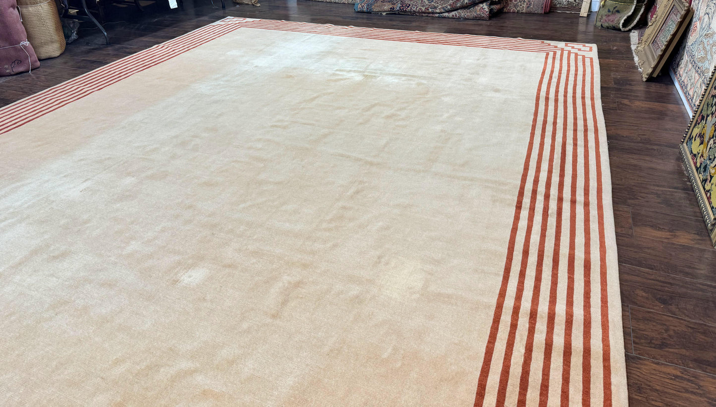 Modern Tibetan Rug 11 x 14.6, Wool and Silk, Simple Design, Handmade Large Area Rug, Cream - Nuvé