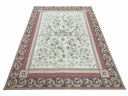 Traditional Aubusson Needlepoint Rug 9 x 12, Flowers, Flatweave Carpet, Hand-Knotted, Brand New, Cream Color, Green, Maroon Red, Wool - Nuvé