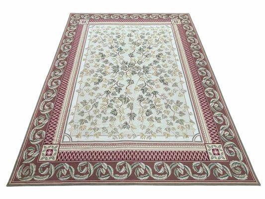 Traditional Aubusson Needlepoint Rug 9 x 12, Flowers, Flatweave Carpet, Hand-Knotted, Brand New, Cream Color, Green, Maroon Red, Wool - Nuvé