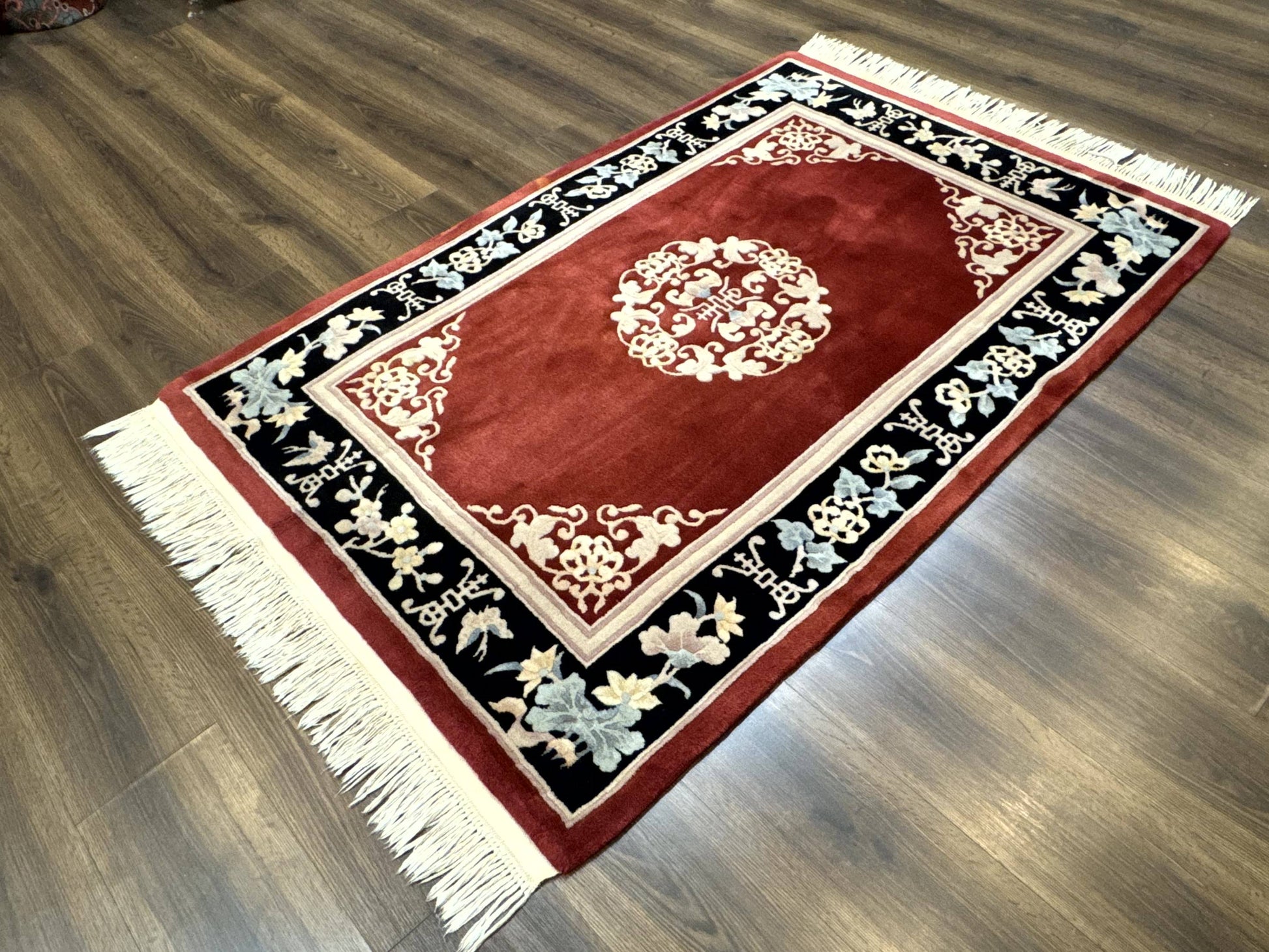 Chinese Wool Rug 4x6, Maroon and Black, Butterflies, Chinese Oriental Carpet, 90 Line Rug - Nuvé