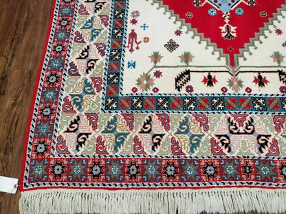 Vintage Moroccan Carpet 5x7 Area Rug, Berber Rug, Handmade Soft Wool Rug, Red Ivory and Blue, Geometric Medallion Rug, Bohemian Rug, Nice - Nuvé