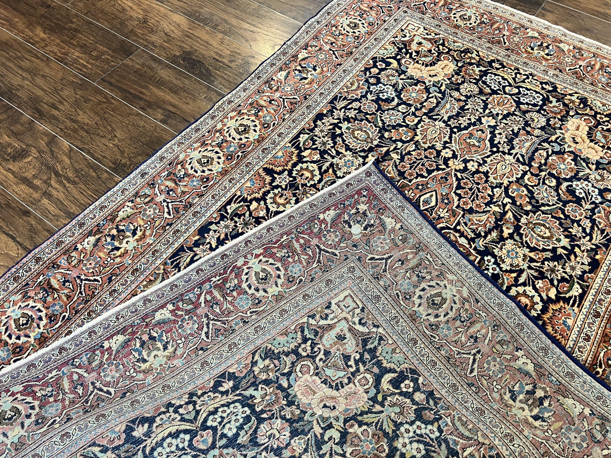 Persian Kashan Rug 4x7, Floral Medallion Vintage Handmade Hand Knotted Navy Blue & Red Wool Oriental Carpet, Highly Detailed Semi Antique Rug - Nuvé