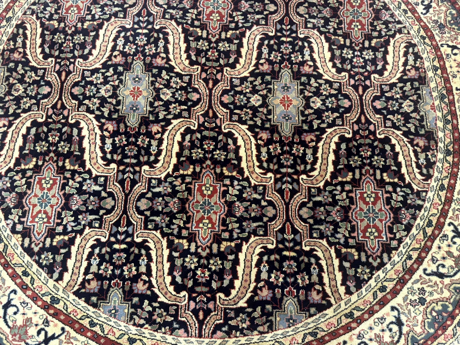 Round Indo Persian Rug 6x6, Indian Bidjar Rug, Navy Blue and Beige - Nuvé