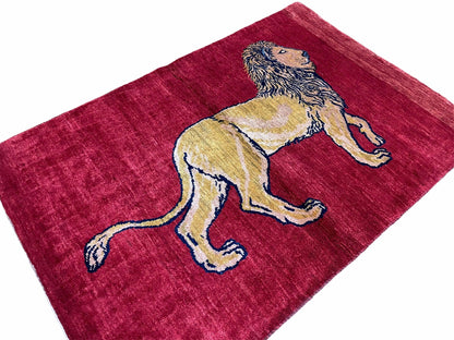 3 X 5 Handmade Hand-Knotted Rug Quality Wool Pictorial Lion Red Organic Dyes - Nuvé