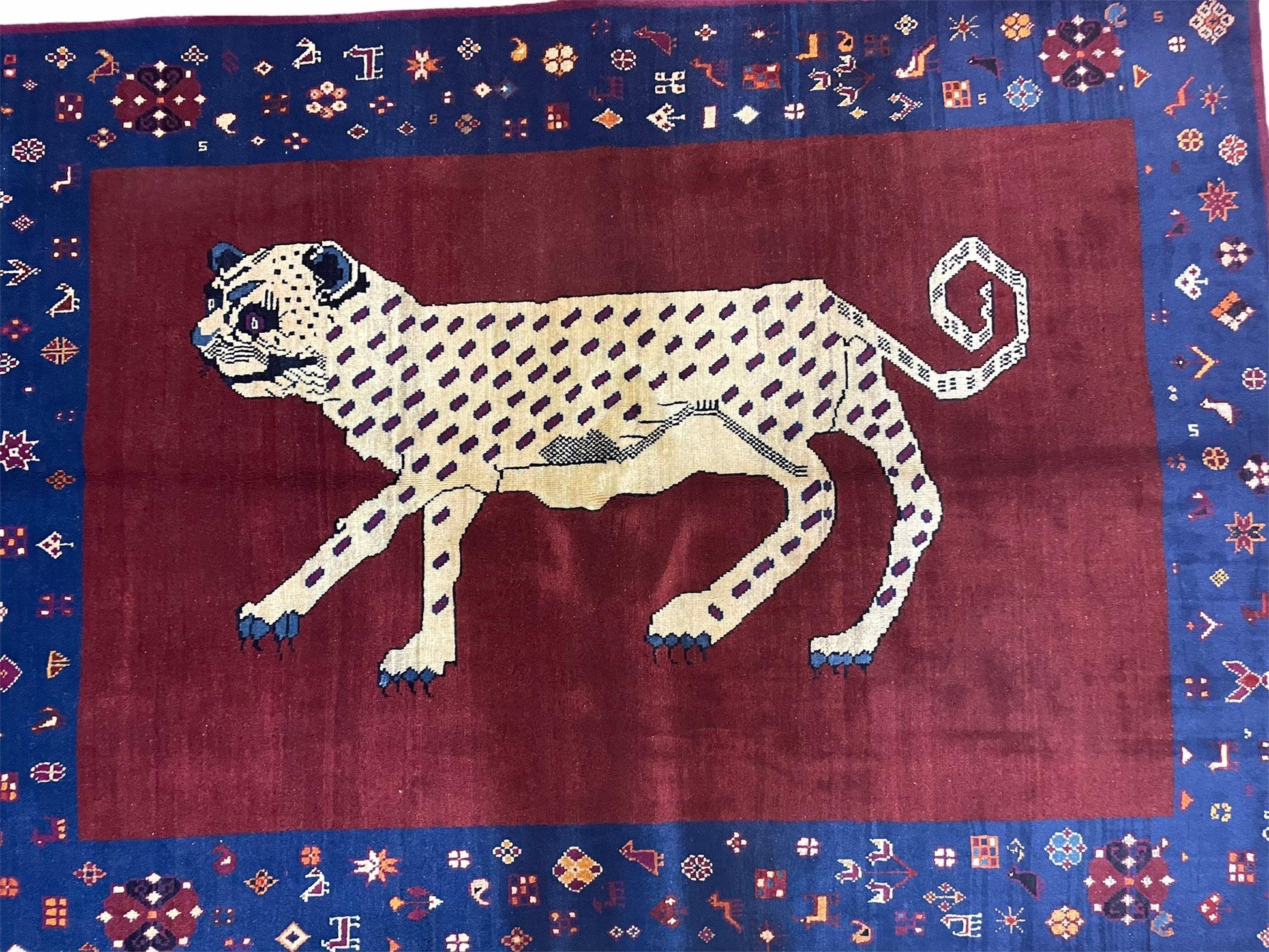 5 X 7 Handmade Zagros Wool Rug Snow White Panther Maroon Blue Organic Dyes - Nuvé