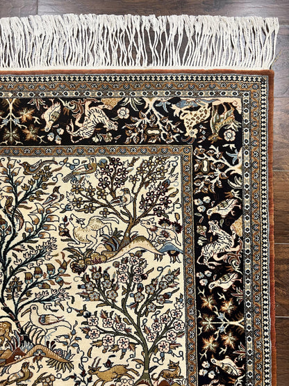 Persian Qum Tree of Life Rug 5x7, Wool and Silk Highlights, Animal Motifs, Vintage Hand Knotted Handmade Cream & Black Fine Oriental Carpet - Nuvé