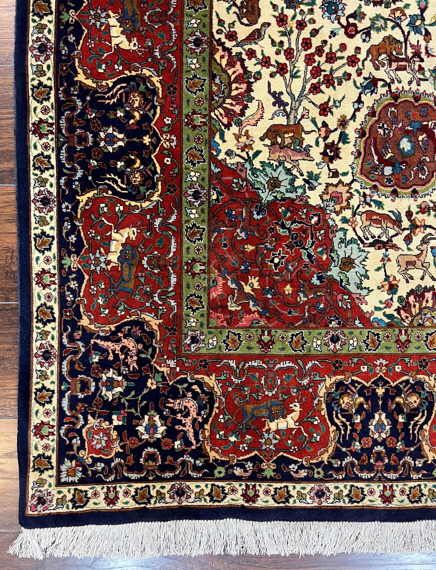 Wonderful Sino Persian Rug 6x10 with Animal Pictorial Motifs, Cream Dark Red Navy Blue, Birds Gazelles, Two Medallions, Top Quality Handmade - Nuvé