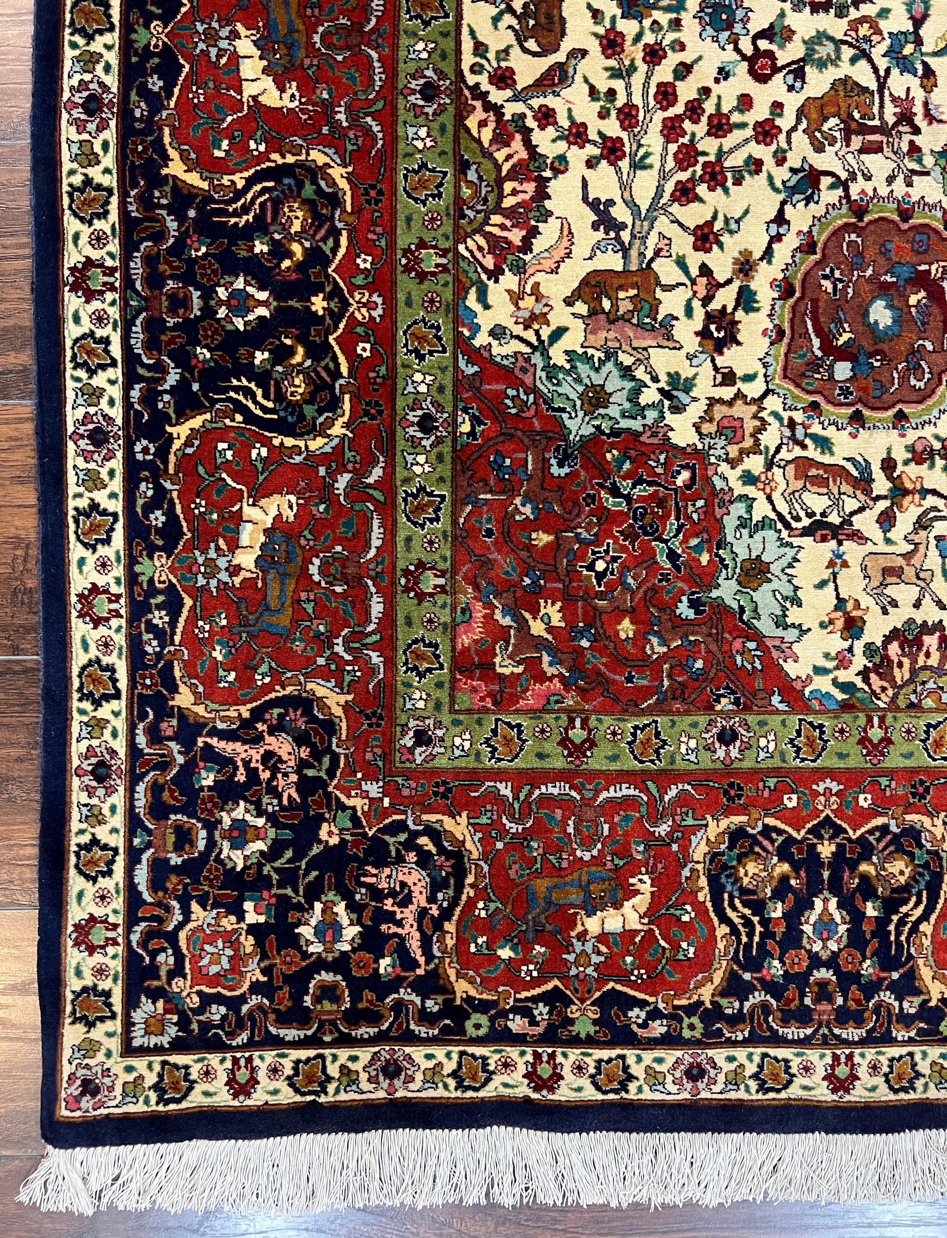 Wonderful Sino Persian Rug 6x10 with Animal Pictorial Motifs, Cream Dark Red Navy Blue, Birds Gazelles, Two Medallions, Top Quality Handmade - Nuvé