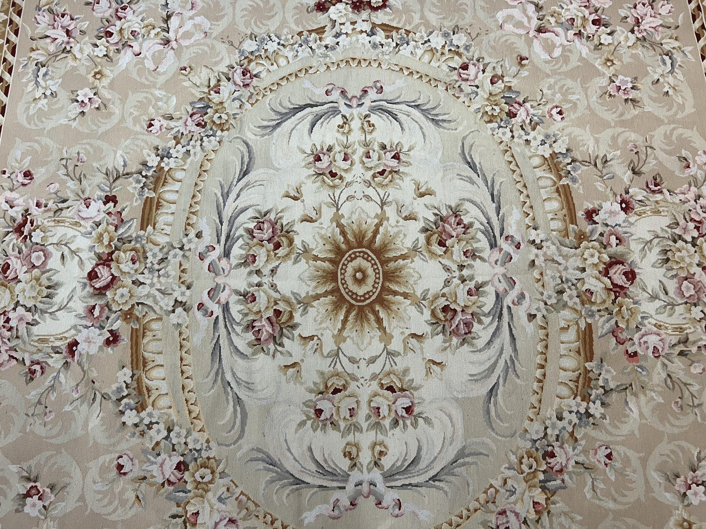 Aubusson Rug 9x12, Elegant Savonnerie Carpet 9 x 12 ft, Beige Ivory Tan, Floral, Flatweave Wool Handmade Area Rug 9 x 12 ft, European French - Nuvé