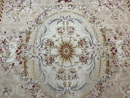 Aubusson Rug 9x12, Elegant Savonnerie Carpet 9 x 12 ft, Beige Ivory Tan, Floral, Flatweave Wool Handmade Area Rug 9 x 12 ft, European French - Nuvé