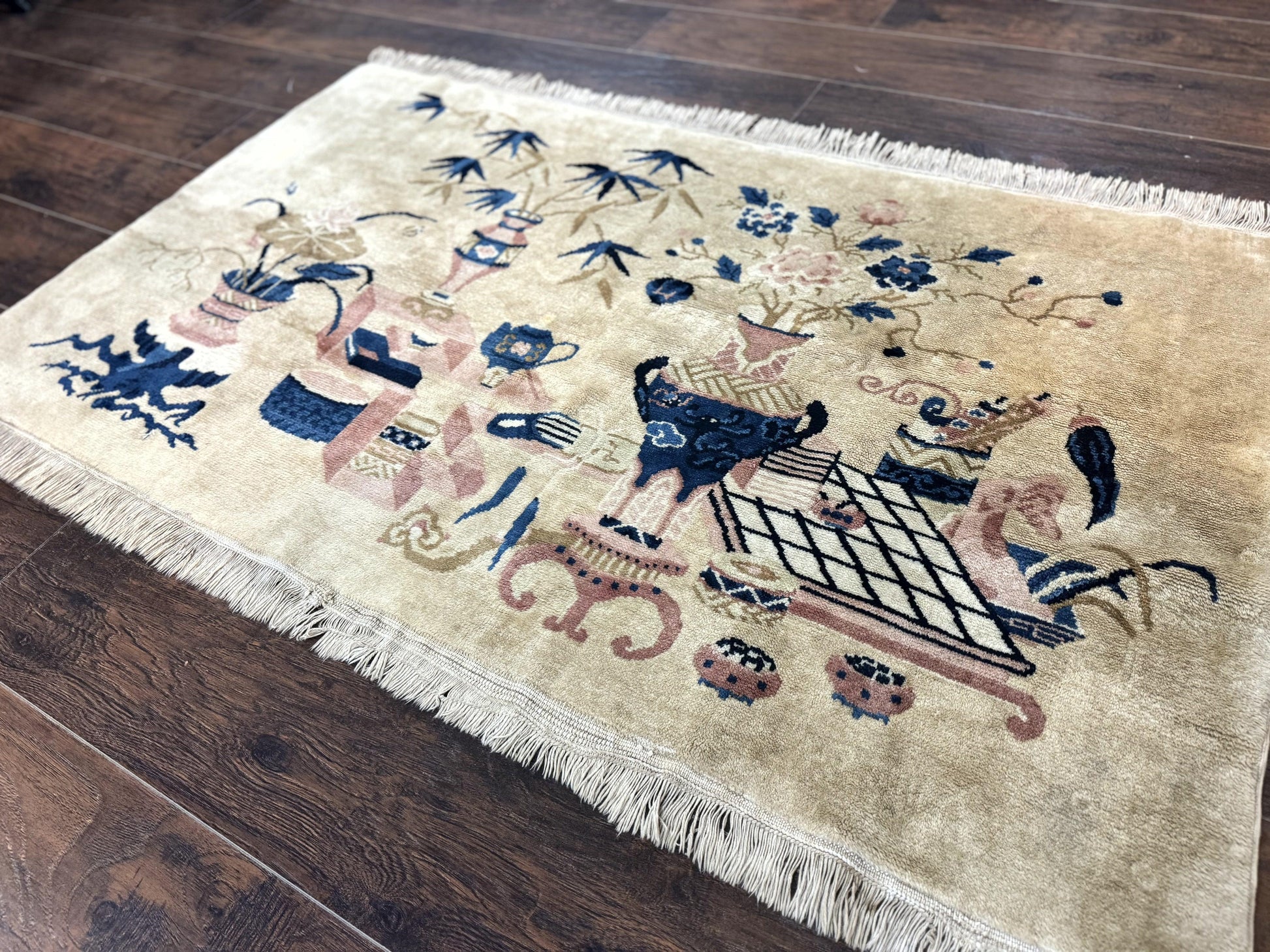 Chinese Rug 5x3, Horizontal Rug, Vases Flowers, Handmade Antique Vintage Carpet, Peking Rug, Chinese Wool Rug - Nuvé