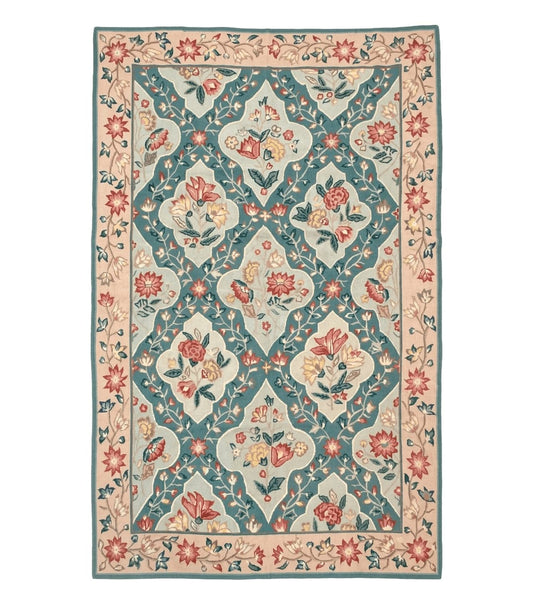 Teal Needlepoint Rug 6x9, Panel Design, Floral Bouquets, Handmade