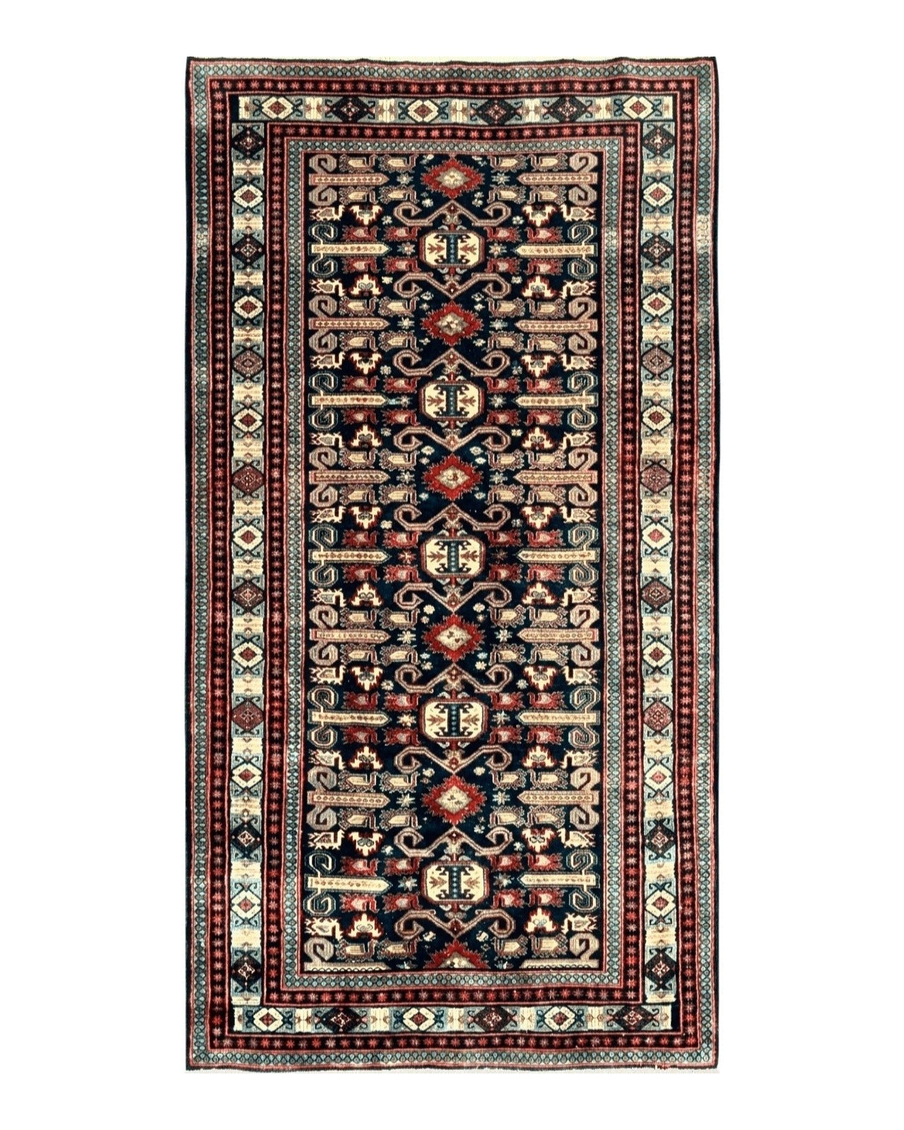 Persian Wide Runner Rug 4.8 x 10, Persian Kalegi Ardabil Rug, Perpedil Caucasian Rug, Antique Handmade Wool Carpet, Navy Blue Red, Tribal Rug