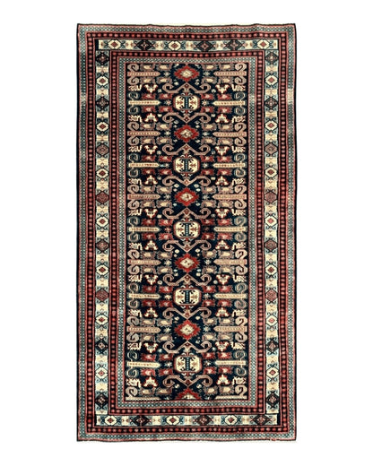 Persian Wide Runner Rug 4.8 x 10, Persian Kalegi Ardabil Rug, Perpedil Caucasian Rug, Antique Handmade Wool Carpet, Navy Blue Red, Tribal Rug