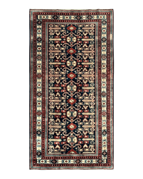 Persian Wide Runner Rug 4.8 x 10, Persian Kalegi Ardabil Rug, Perpedil Caucasian Rug, Antique Handmade Wool Carpet, Navy Blue Red, Tribal Rug