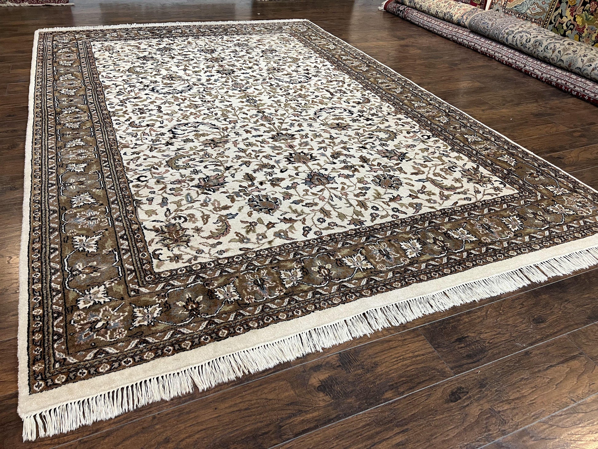 Indo Kirman Rug 8x12 Allover Floral Design, Ivory/Cream Brown, Vintage Handmade Hand Knotted Rug, Traditional Wool Persian Carpet 8 x 12 - Nuvé