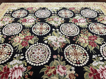 9x12 Black Needlepoint Rug, European Floral Panel Design, Handwoven, Vintage Chinese Needlepoint, Black Green Beige, Wool Rug 9 x 12 - Nuvé