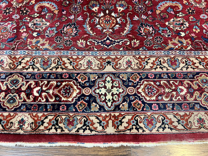 Signed Persian Mashad Rug 8x10, Wool Oriental Carpet, Semi Antique Rug, Hand Knotted, Traditional, Red, Floral Allover, - Nuvé